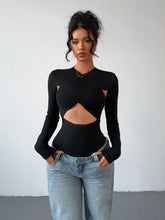Fitted Sexy Black Long Sleeve Cross Hollow-Out Front Women Bodysuit